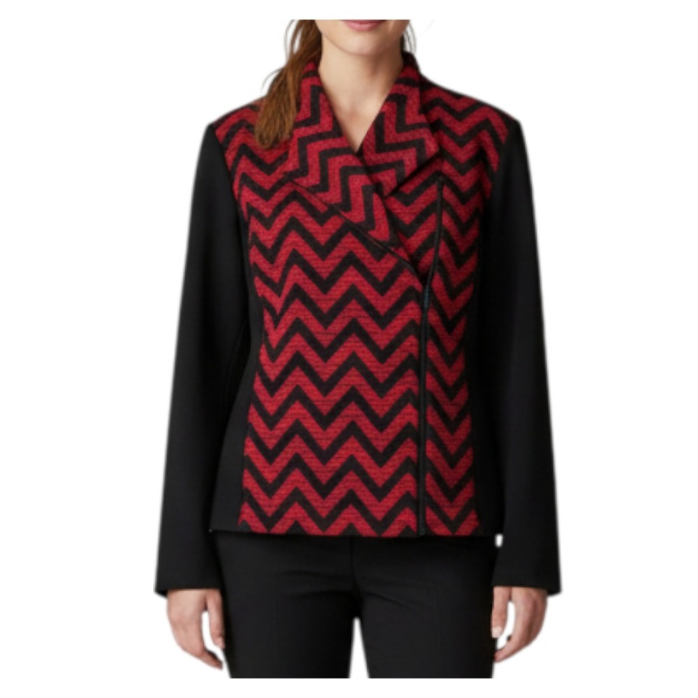 CHICO'S JACKET TOP Black/Red Chevron Jacquard Knit ASYMMETRIC MOTO ZIPPER sz M/1